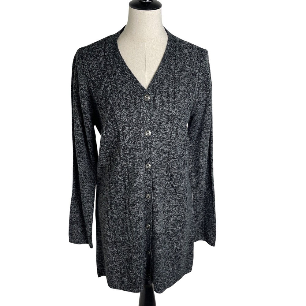 NWT Karen Scott Petite Large Black Ash Marl Cable Knit Button Front Cardigan